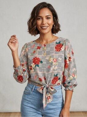 City Vibe Floral Plaid Tie Front Crop Blouse Boho Ruffle Sleeve Y2K Top Size M